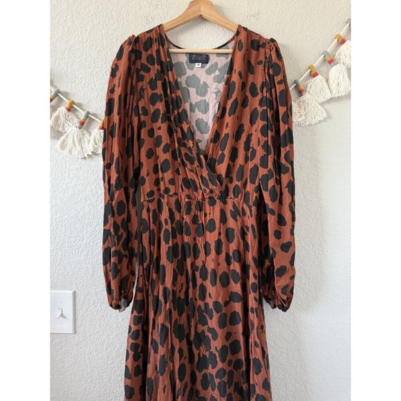 Megan Renee Talia Drape Animal Print Wrap Maxi Dress Brown Boho Contemporary M - Picture 3 of 10